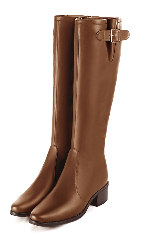 Caramel brown women's knee-high boots with buckles. Round toe. Low leather soles. Made to measure. Front view - Florence KOOIJMAN